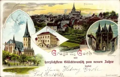 Litho Goch am Niederrhein, Kirche, Steintor, Panorama, Rathaus