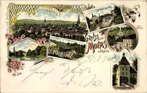 Litho Moers am Niederrhein, Stadtgraben, Steintor Brücke, Hotel, Schloss