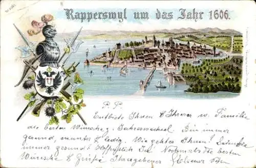 Litho Rapperswil Kanton Sankt Gallen, Gesamtansicht, Jahr 1906, Wappen