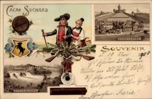 Litho Schaffhausen Stadt Schweiz, Cacao Suchard, Panorama, Rheinfall, Mann und Frau in Trachten