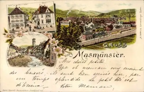 Litho Masevaux Masmünster Elsass Haut Rhin, Hotel, Post, Gesamtansicht