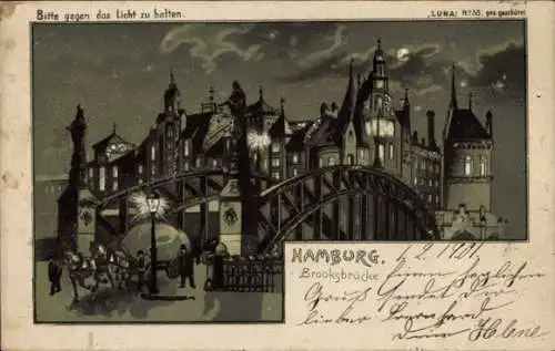 Halt gegen das Licht Mondschein Litho Hamburg Altstadt, Brooksbrücke