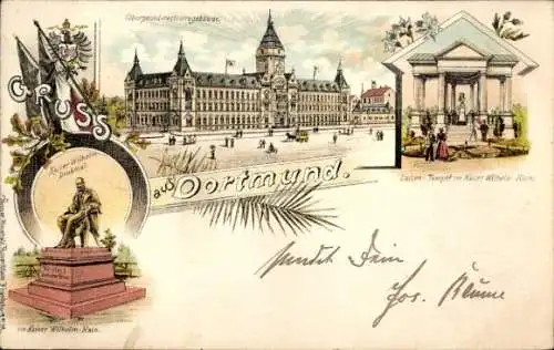 Litho Dortmund im Ruhrgebiet, Kaiser Wilhelm Denkmal, Oberpostdirektionsgebäude