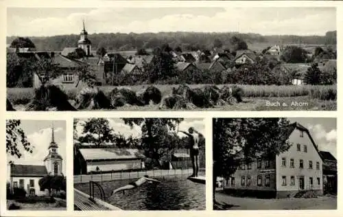 Ak Buch am Ahorn Ahorn in Baden, Gesamtansicht, Kirche, Freibad