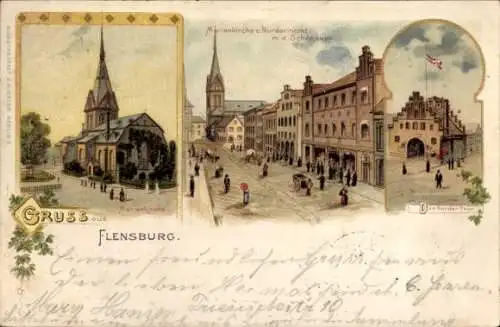 Litho Flensburg in Schleswig Holstein, Nordertor, Nordermarkt mit den Schranken, Marienkirche