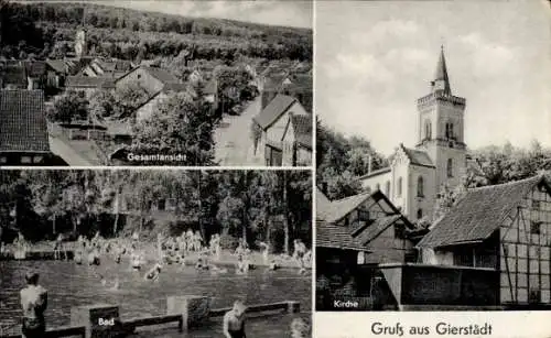 Ak Gierstädt in Thüringen, Gesamtansicht, Kirche, Freibad