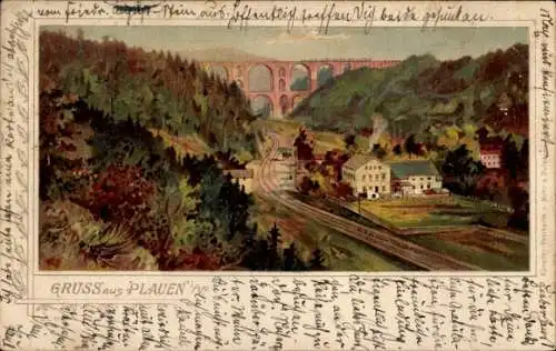 Litho Plauen im Vogtland, Gesamtansicht, Viadukt