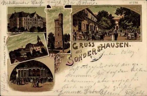 Litho Sondershausen im Kyffhäuserkreis Thüringen, Bismarckturm, Hotel zum Erbprinzen