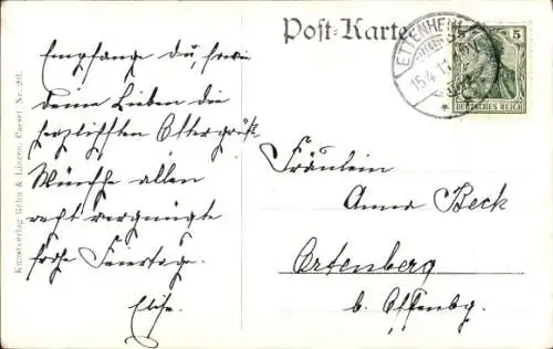 Künstler Ak Dorfidyll, Blühende Bäume, Wiese, Wohnhaus