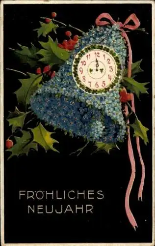 Künstler Ak Fröhliches Neujahr, Glocke, Uhr, Stechpalme