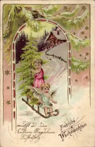 Präge Passepartout Ak Weihnachten, Engel, Tannenbaum, Schlitten
