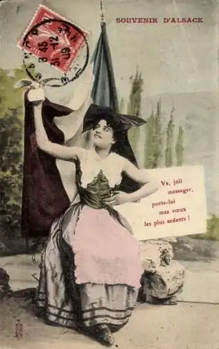 Ak Frau in Elsässer Tracht, Französische Fahne, Propaganda