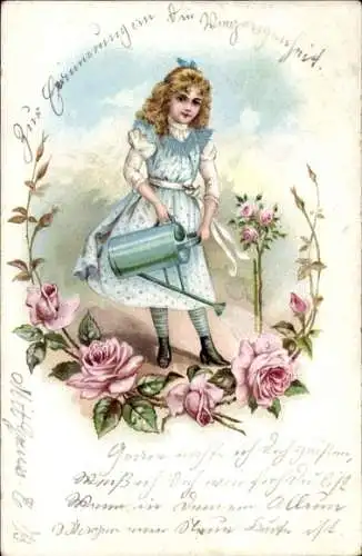 Litho Mädchen mit Gießkanne, Rosen