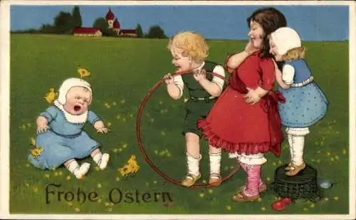 Ak Frohe Ostern, weinendes Kleinkind, Küken, lachende Kinder