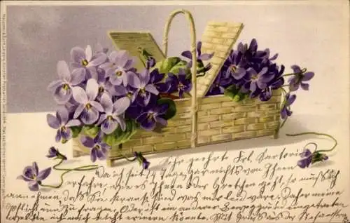 Litho Korb mit Veilchen, Blumenkorb
