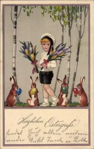 Ak Glückwunsch Ostern, Junge, Tulpen, Osterhasen, Ostereier