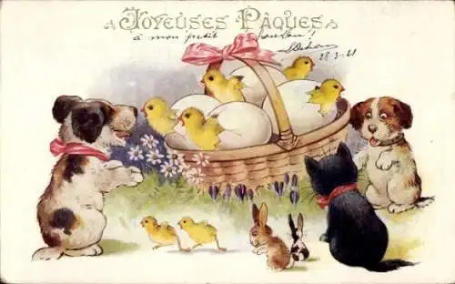 Künstler Ak Glückwunsch Ostern, Küken, Hunde, Hasen