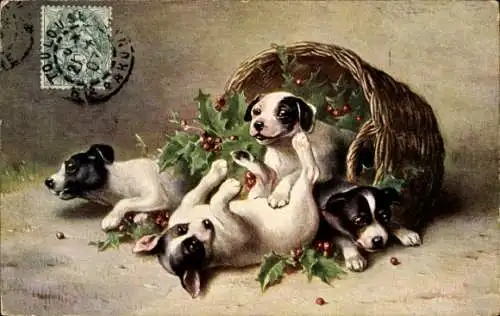 Künstler Ak Verspielte Welpen, Weidenkorb