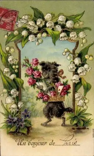 Präge Passepartout Litho Hund mit Blumenkorb, Maiglöckchen, Rosen