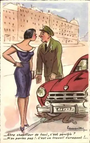 Künstler Ak Autofahrer, Hund unter dem Auto, Gespräch mit Frau