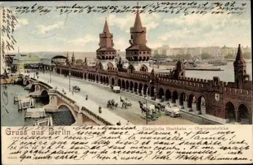 Ak Berlin Friedrichshain Kreuzberg, Oberbaumbrücke, Elektrische Hochbahn
