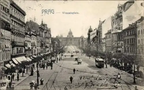 Ak Praha Prag Tschechien, Václavské náměstí, Wenzelsplatz, Geschäfte, Straßenbahn