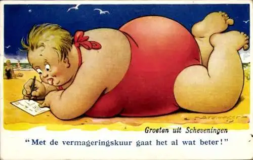 Künstler Ak Scheveningen Den Haag Südholland, Strand, Dicke Frau im Badeanzug, Postkarte