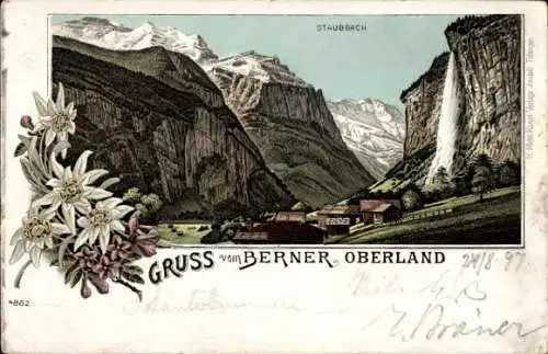 Litho Lauterbrunnen Kanton Bern, Staubbachfall, Edelweiß, Blick auf den Ort