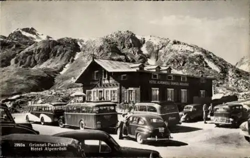 Ak Kanton Bern Schweiz, Grimsel, Grimselpass, Hotel Alpenrösli, Autos, Reisebus