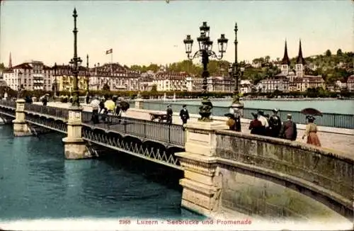 Ak Lucerne Luzern Stadt Schweiz, Luzerner Seebrücke und Promenade mit Personen, Kutschen und S...