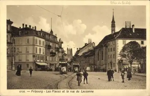 CPA Fribourg Ville de Fribourg Suisse, Les Places, la rue de Lausanne