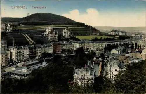 Ak Karlovy Vary Karlsbad Stadt,  Gartenzeile, sonnige Aussicht, Stadtansicht, historische Arch...