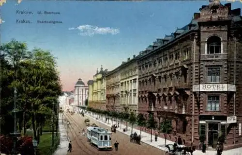 Ak Kraków Krakau Polen, Ul. Basztowa, Basztowagasse, Hotel Belvedere, Straßenbahn