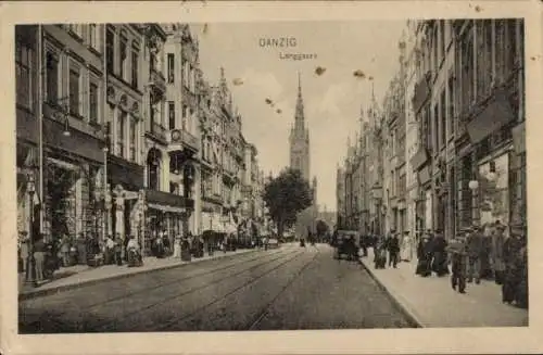 Ak Gdańsk Danzig, Stadtansicht mit Langgasse, Hochhaus, Straßenbahn, historische Architektur