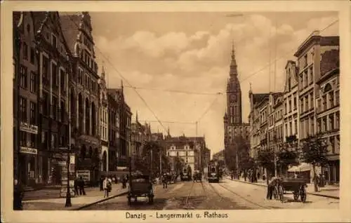 Ak Gdańsk Danzig, Langermarkt, Rathaus, historische Architektur, Straßenansicht, Fahrzeuge