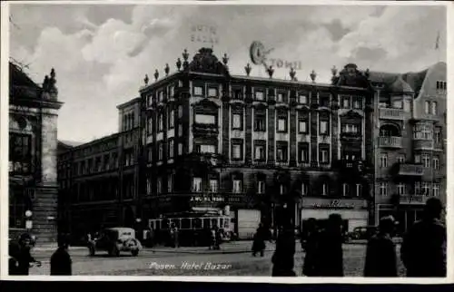 Ak Poznań Posen, Hotel Bazar, Octomil Reklameschild, Straßenbahn, J. Wleklinski Bazar Poznanski