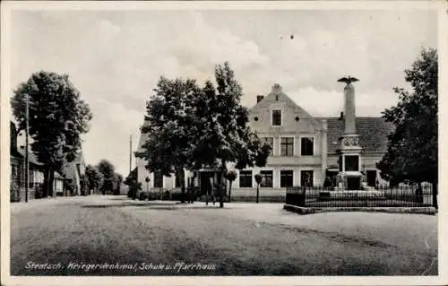 Ak Szczaniec Stentsch Ostbrandenburg, Kriegerdenkmal, Schule, Pfarrhaus