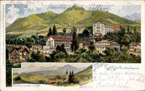 Ak Altenau Saulgrub in Oberbayern, Panoramabild von Bad Kohlgrub, grüne Berge, historische Geb...