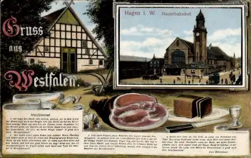 Ak Hagen in Westfalen, Hauptbahnhof, Straßenansicht, Westfalenlied, Essen, Fleisch, Brot