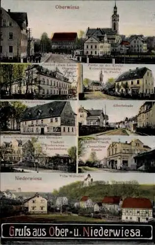 Ak Oberwiesa Niederwiesa Sachsen, Kirche, Gasthof Zum Lamm, Villa Wilhelmi, Albertstraße, Drogerie