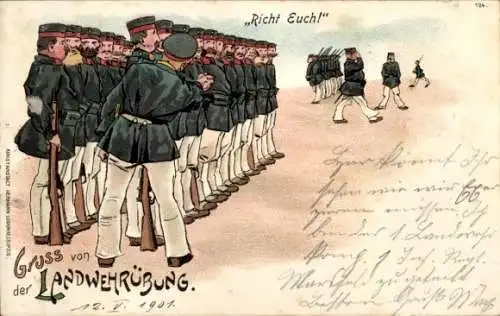 Litho Landwehrübung, Deutsche Soldaten in Uniformen, Soldatenleben