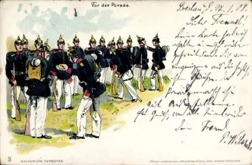 Litho Deutsche Soldaten in Uniformen, Vor der Parade