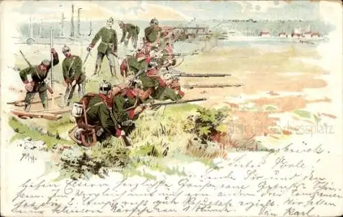 Litho Deutsche Soldaten in Uniformen, Schießplatz, Schießübungen