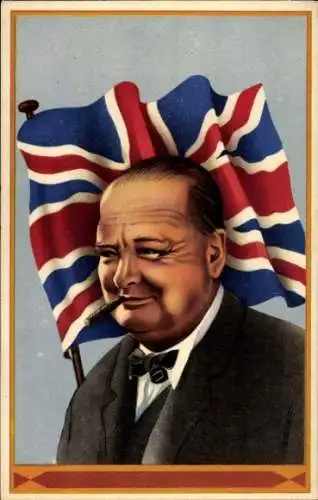 Ak Winston Churchill, Portrait mit Zigarre, britische Flagge