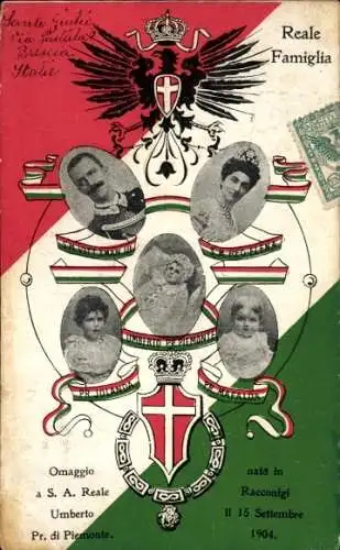 Präge Wappen Ak Reale Famiglia, S. M. Vittorio Emanuele III, S. M. Regina Elena, Jolanda, Umberto