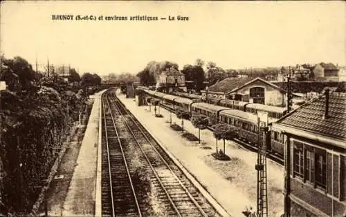 Ak Brunoy Essonne, Bahnhof, Züge, Gleise, Bäume, Architektur