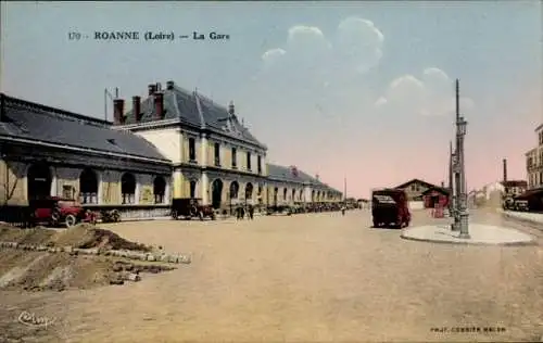 Ak Roanne Loire, Bahnhof, historische Architektur, Autos, Straßen, Werbeanzeige