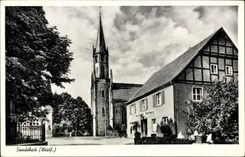 Ak Sandebeck Steinheim in Westfalen, Bäckerei u. Pension Hartweg, Kirche