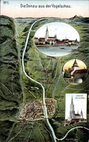 Landkarten Ak Ulm an der Donau, Münster, Umgebung, Donau aus der Vogelschau