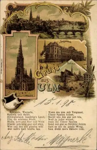 Litho Ulm an der Donau, Teilansicht, Münster, Justizgebäude, Rathaus